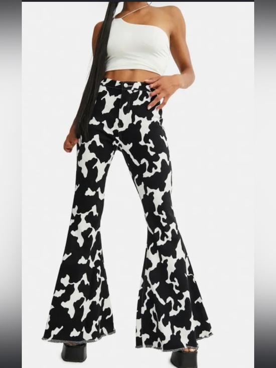 Peach Love California Pants - Peach Love Cow Print Flare Jeans Black White Western Bell Bottom Stretchy Small